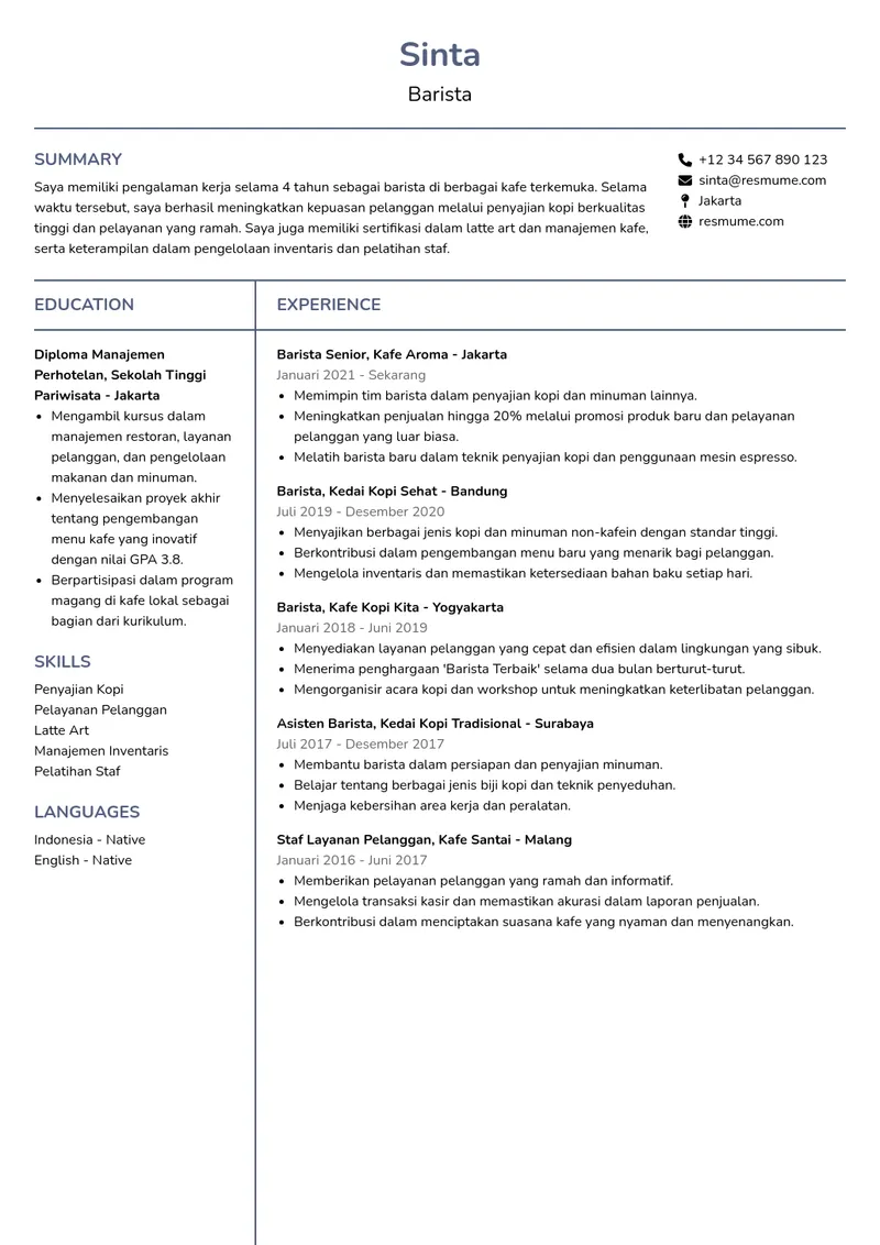 10 Contoh CV Sebagai Barista Resmume Resmume 10 Contoh CV Sebagai Barista Resmume Resmume